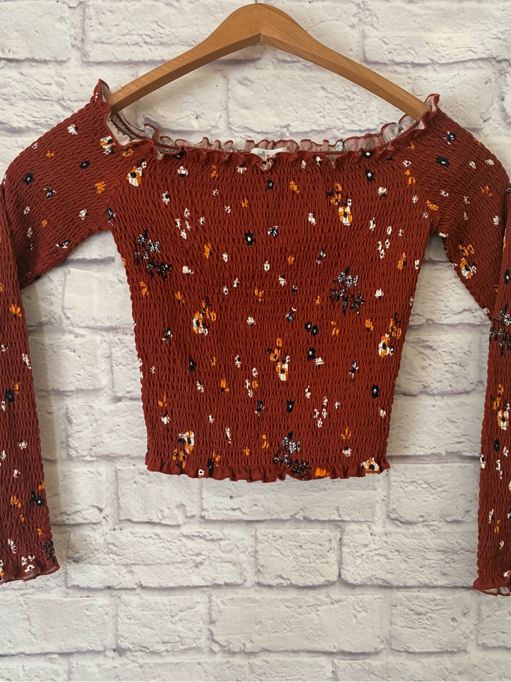 Self Esteem Y2K Floral Smocked Off-Shoulder Junior’s Long Sleeved Top - Large